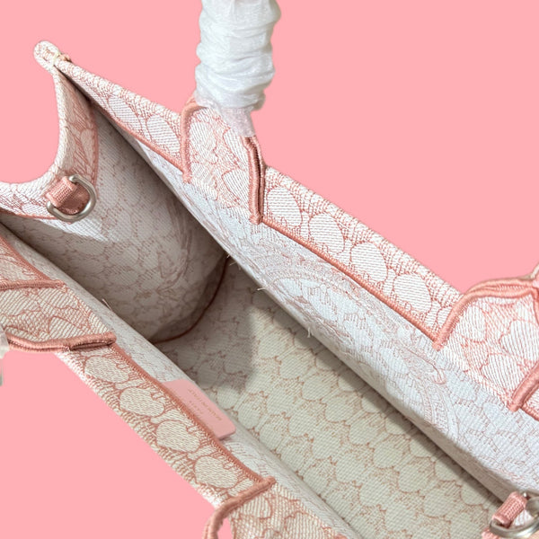 CD Book Tote With Strap Toile de Jouy Floral Garden Embroidery Pink Canvas 164666