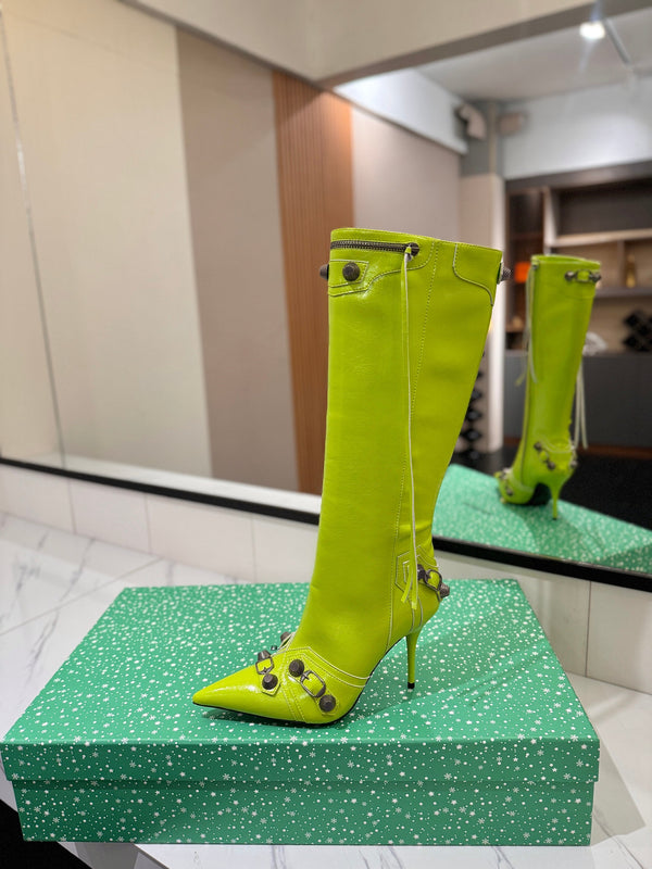 BLC Cagole Knee-High Boots 9.5cm Neon Green Leather 985499