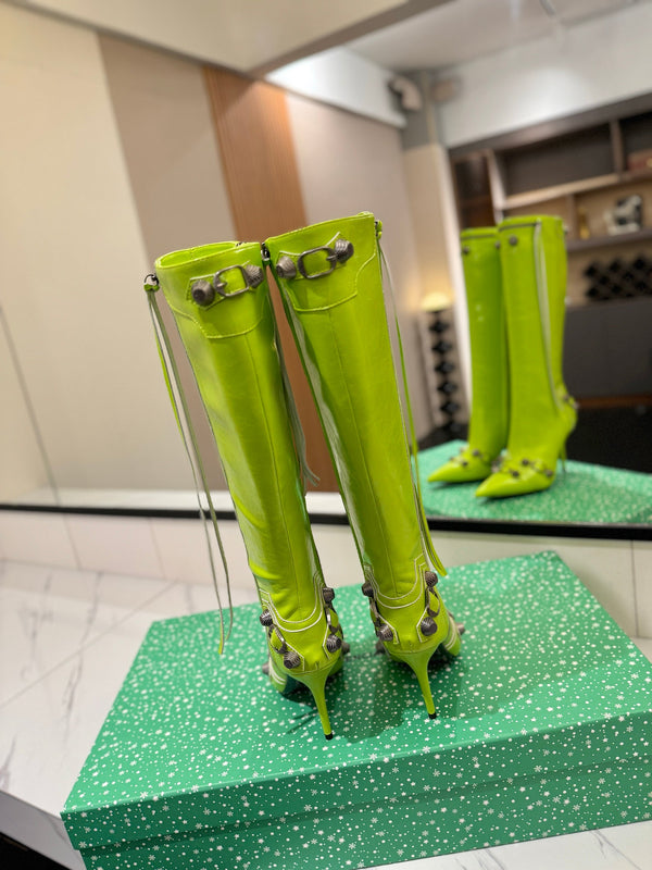 BLC Cagole Knee-High Boots 9.5cm Neon Green Leather 985499