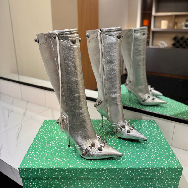 BLC Cagole Knee-High Boots 9.5cm Silver Leather 985496