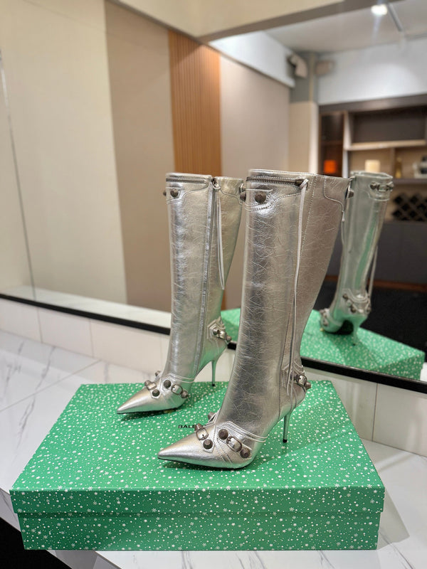 BLC Cagole Knee-High Boots 9.5cm Silver Leather 985496