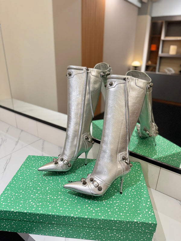 BLC Cagole Knee-High Boots 9.5cm Silver Leather 985496