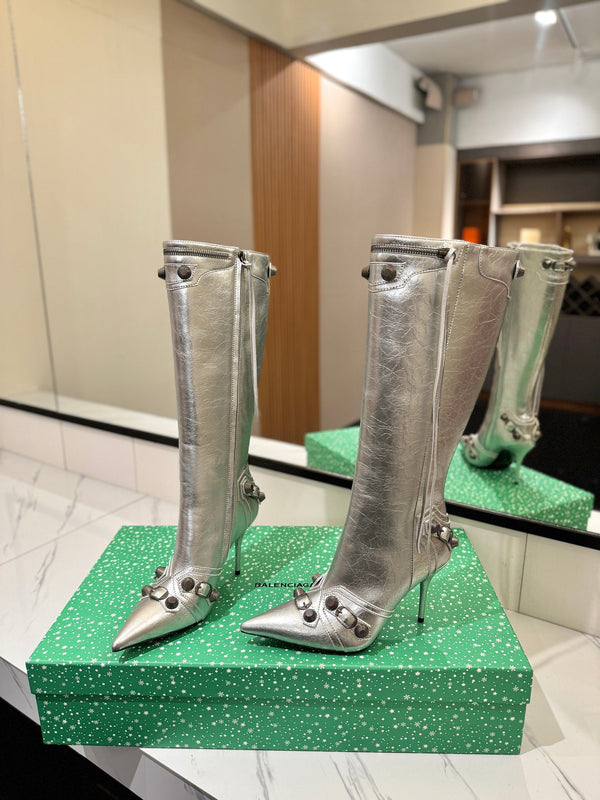 BLC Cagole Knee-High Boots 9.5cm Silver Leather 985496