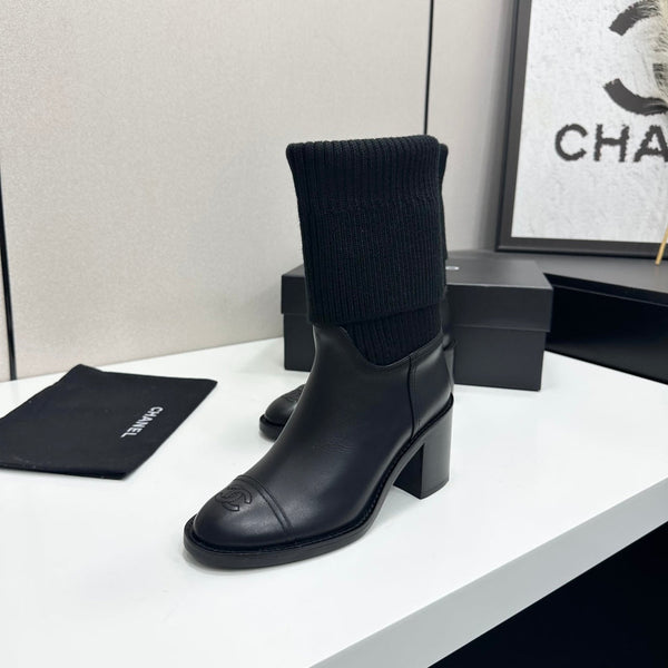 CC Mid-Calf Sock Boots Black Leather Stretch Knit 985656