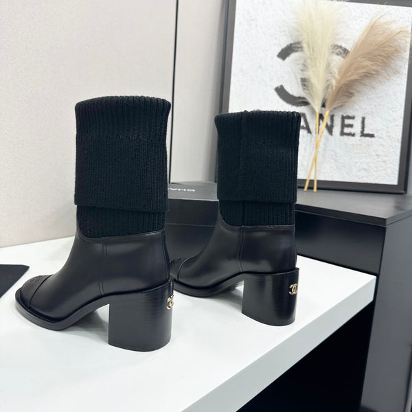 CC Mid-Calf Sock Boots Black Leather Stretch Knit 985656