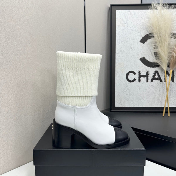 CC Mid-Calf Sock Boots White Leather Stretch Knit 985655