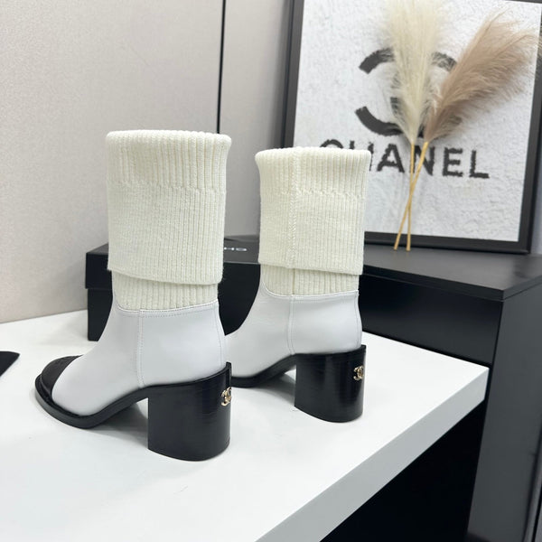 CC Mid-Calf Sock Boots White Leather Stretch Knit 985655