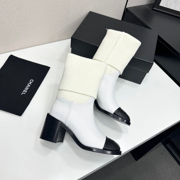 CC Mid-Calf Sock Boots White Leather Stretch Knit 985655