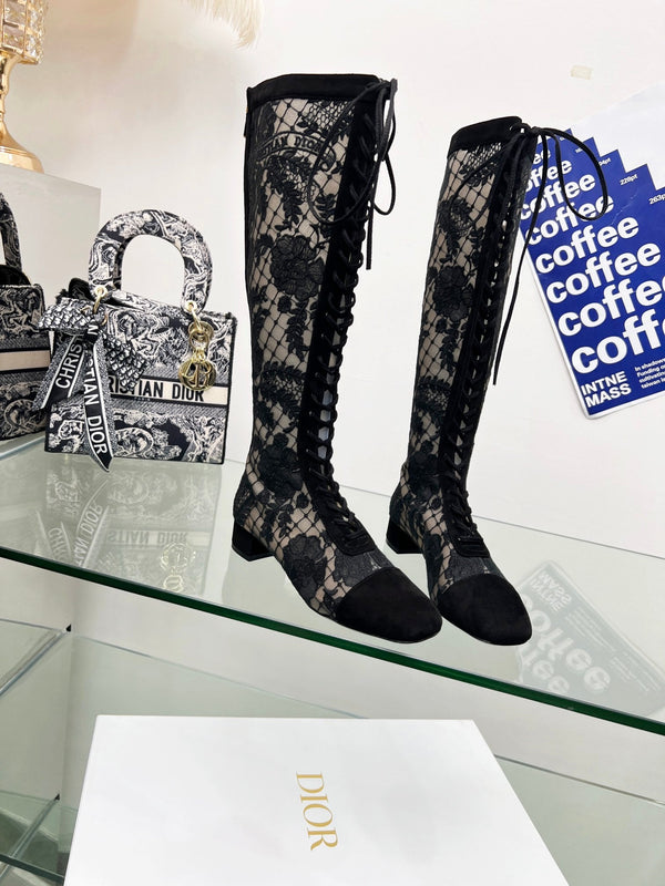 CD Lace Knee-High Boots 3.5Cm Black Lace Suede 981811