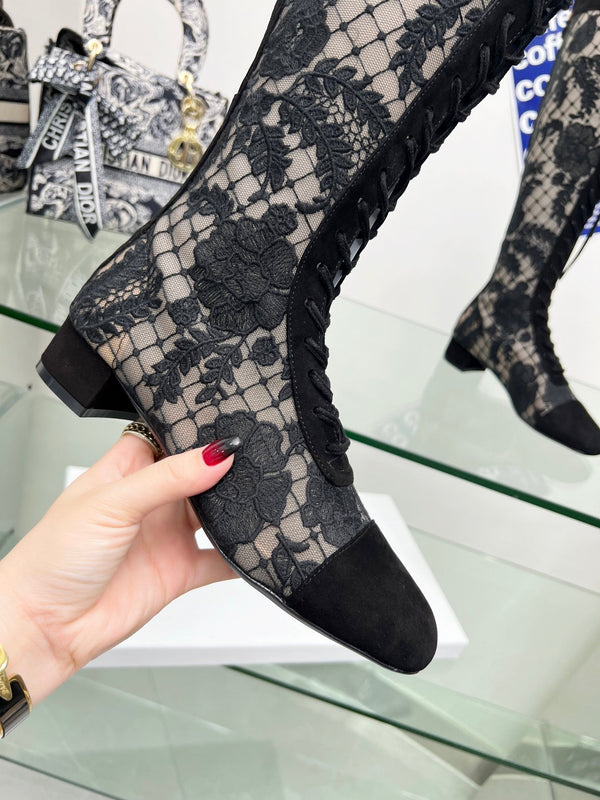 CD Lace Knee-High Boots 3.5Cm Black Lace Suede 981811