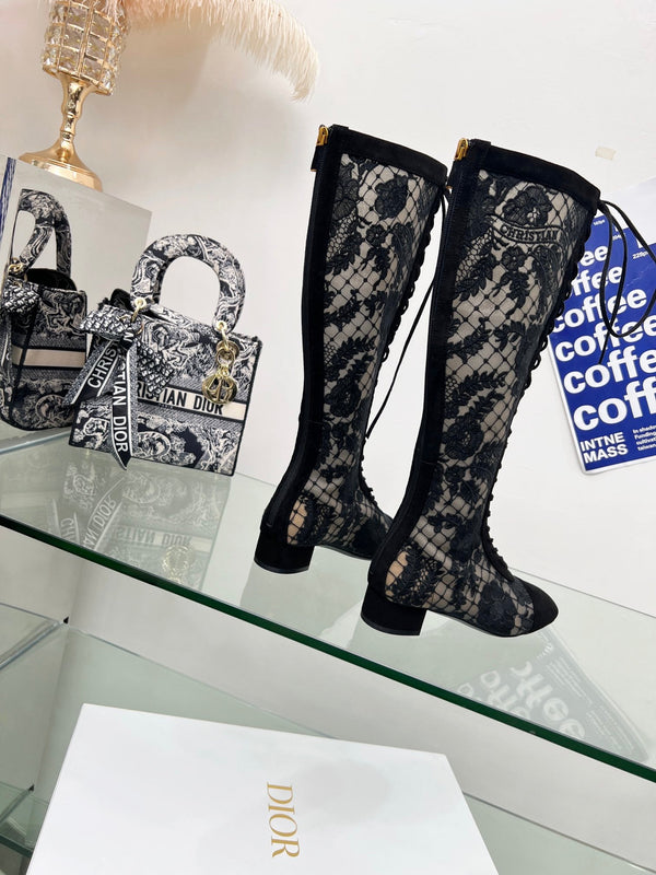 CD Lace Knee-High Boots 3.5Cm Black Lace Suede 981811