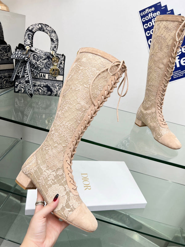 CD Lace Knee-High Boots 3.5Cm Beige Lace Suede 981810
