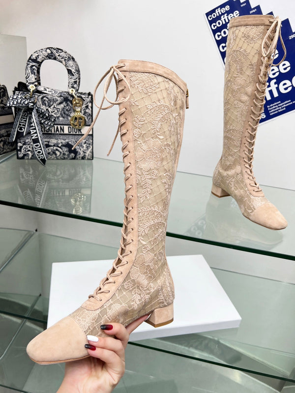 CD Lace Knee-High Boots 3.5Cm Beige Lace Suede 981810