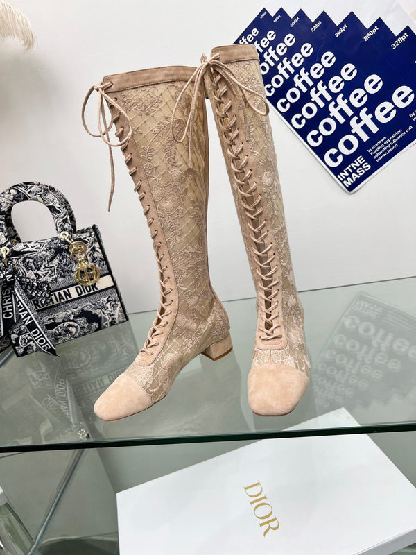 CD Lace Knee-High Boots 3.5Cm Beige Lace Suede 981810