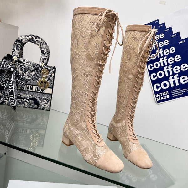 CD Lace Knee-High Boots 3.5Cm Beige Lace Suede 981810