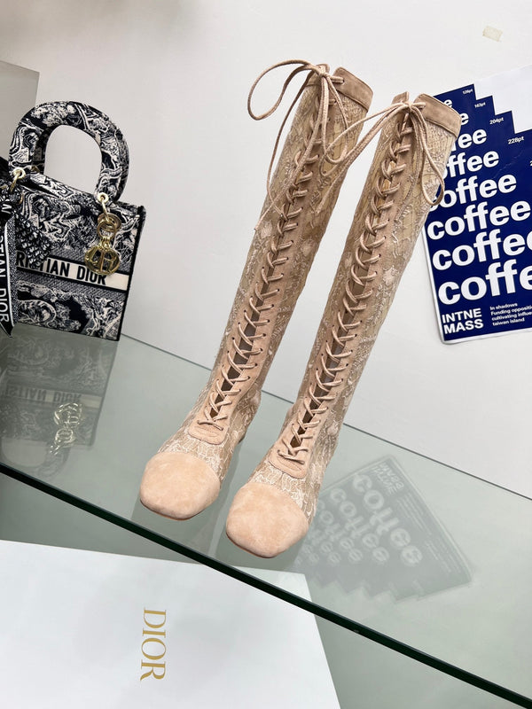 CD Lace Knee-High Boots 3.5Cm Beige Lace Suede 981810