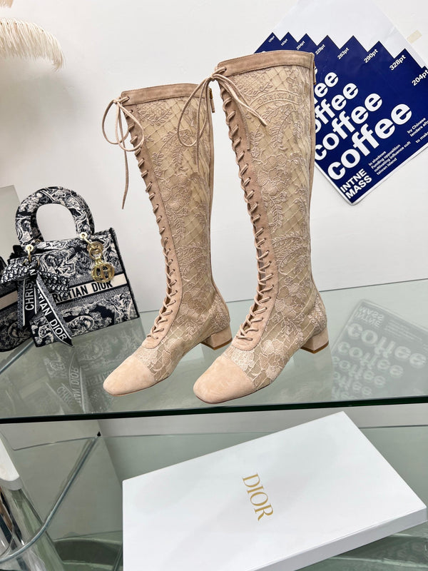 CD Lace Knee-High Boots 3.5Cm Beige Lace Suede 981810