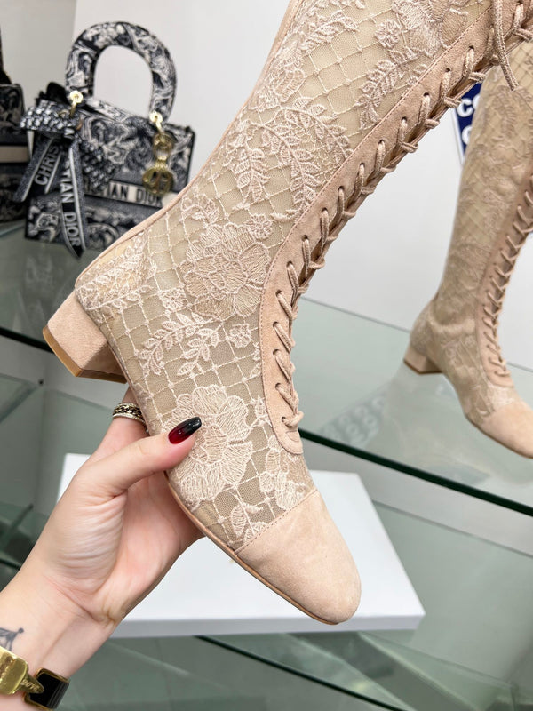 CD Lace Knee-High Boots 3.5Cm Beige Lace Suede 981810