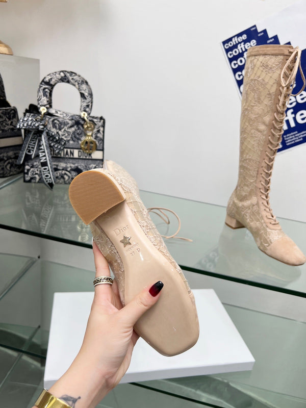 CD Lace Knee-High Boots 3.5Cm Beige Lace Suede 981810