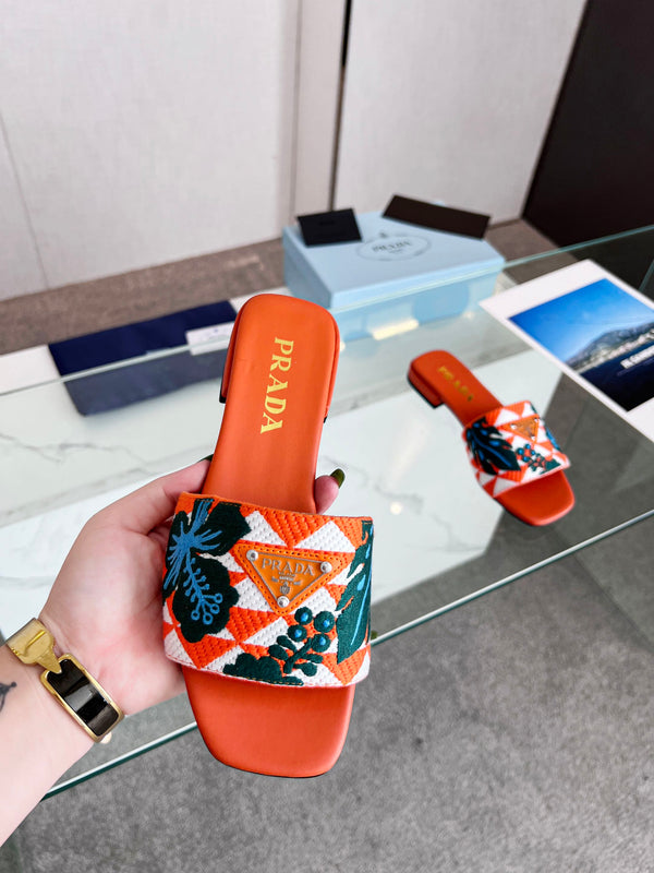 Prad 26s Floral Print Slides Orange Leather Cotton 986595