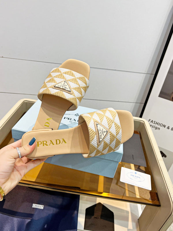 Prad 26s Enameled Metal Triangle Printed Slides White  Beige Leather Cotton 986590