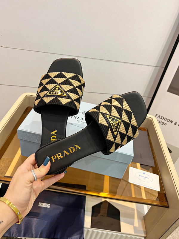 Prad 26s Enameled Metal Triangle Printed Slides Black  Beige Leather Cotton 986591