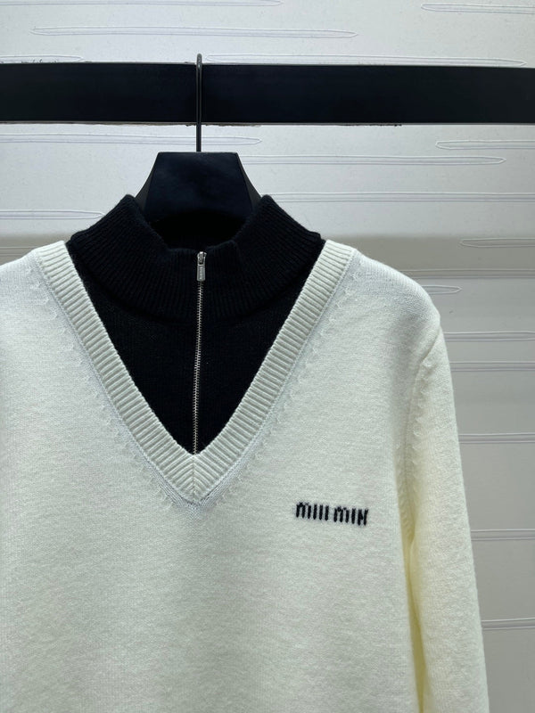 Miu 26s Color-Blocked Faux Two-Piece Turtleneck Long-Sleeved Top Wool 423860