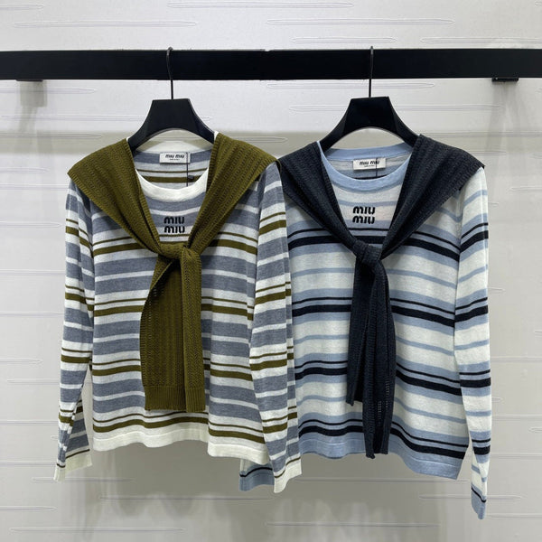 Miu 26s Striped Shawl Knit Long-Sleeved Top Wool 423904