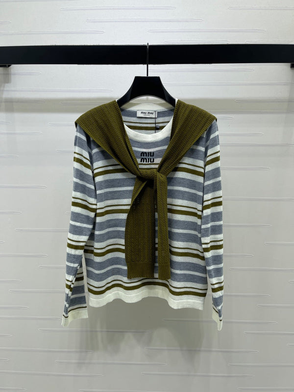 Miu 26s Striped Shawl Knit Long-Sleeved Top Wool 423904
