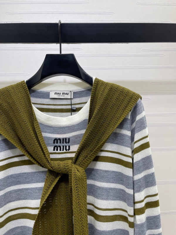 Miu 26s Striped Shawl Knit Long-Sleeved Top Wool 423904