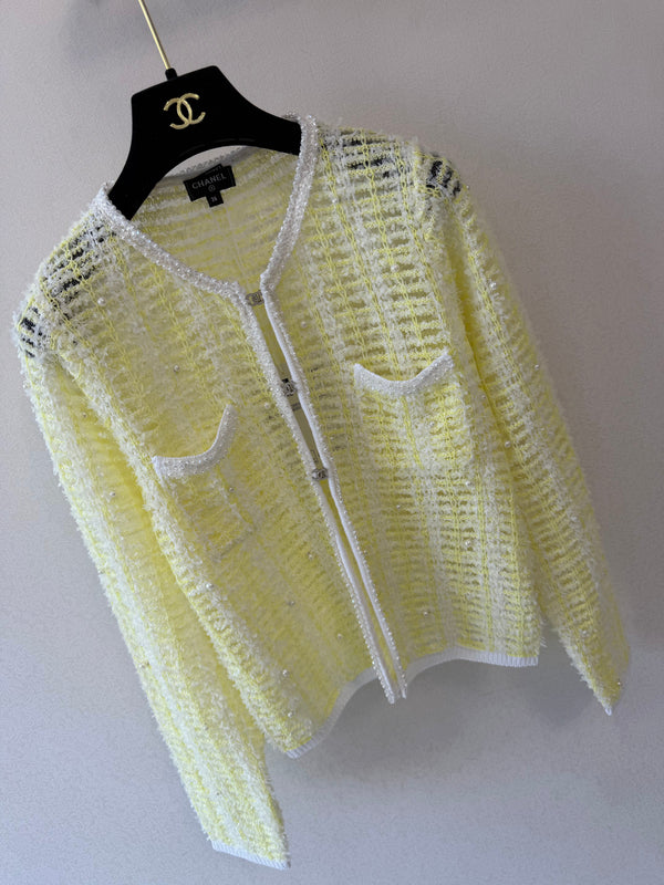 CCTweed-Style Knit Cardigan Yellow White Cotton 425583