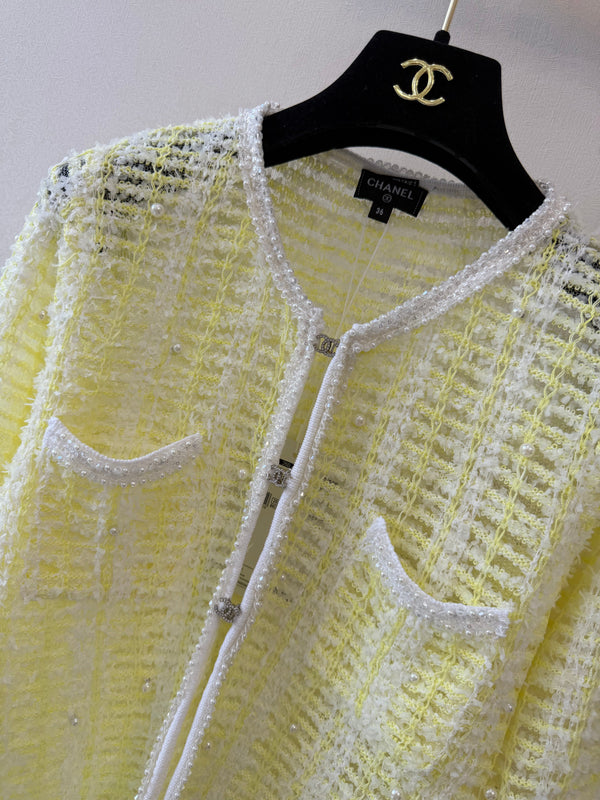 CCTweed-Style Knit Cardigan Yellow White Cotton 425583
