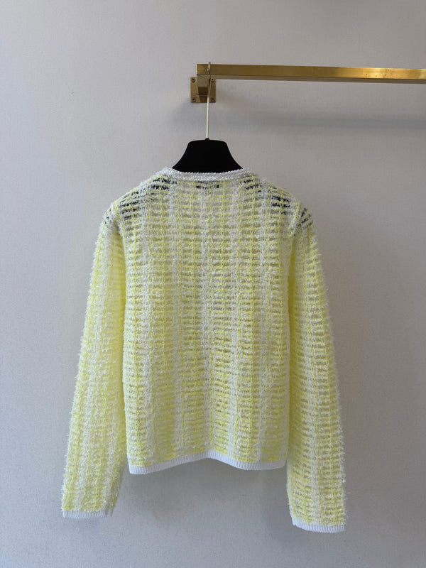 CCTweed-Style Knit Cardigan Yellow White Cotton 425583