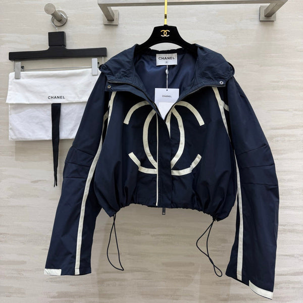 CC Cropped Hooded Jacket Navy Blue Windproof Fabric 427430