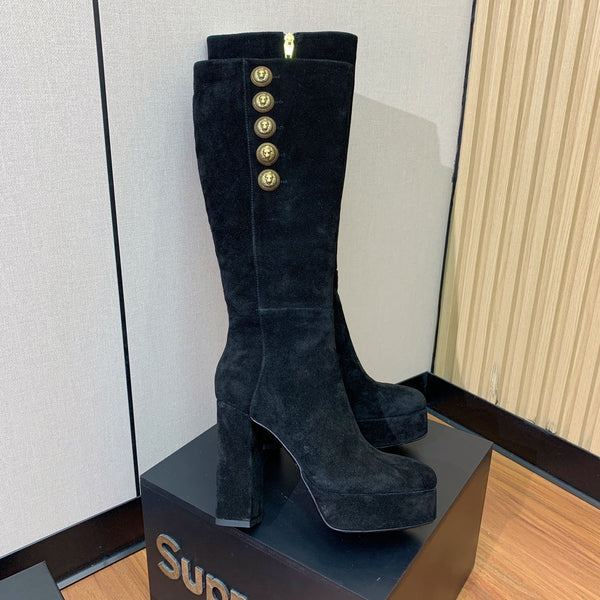 BM 26S Knee-High Platform Boots 11.5cm Black Suede 111379