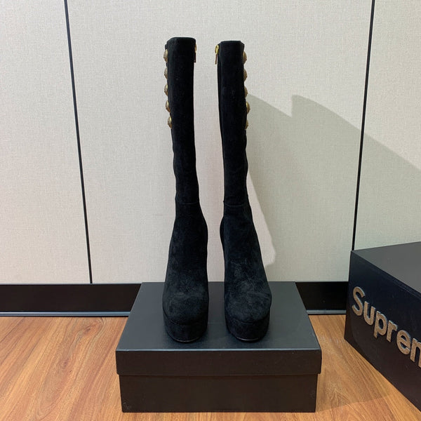 BM 26S Knee-High Platform Boots 11.5cm Black Suede 111379