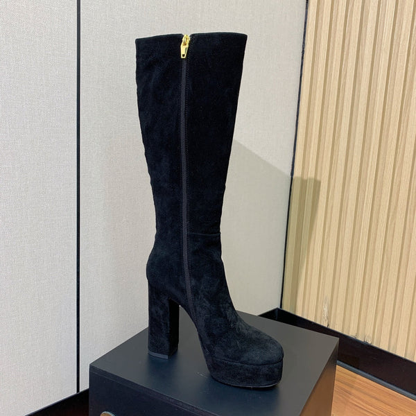BM 26S Knee-High Platform Boots 11.5cm Black Suede 111379