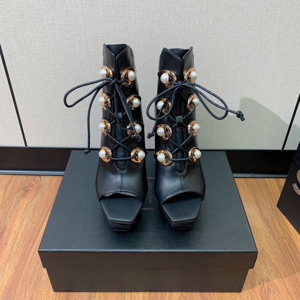 BM 26S Lace-Up Platform Booties 11.5cm Black Leather 111369