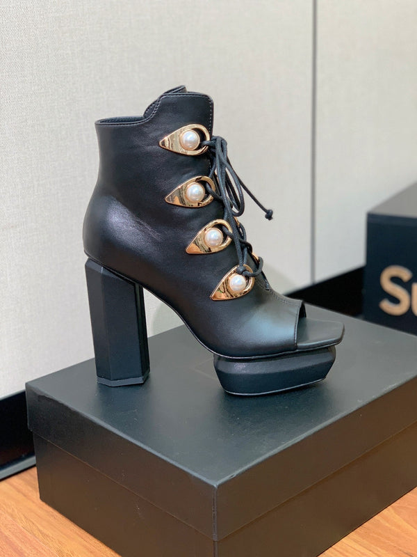 BM 26S Lace-Up Platform Booties 11.5cm Black Leather 111369