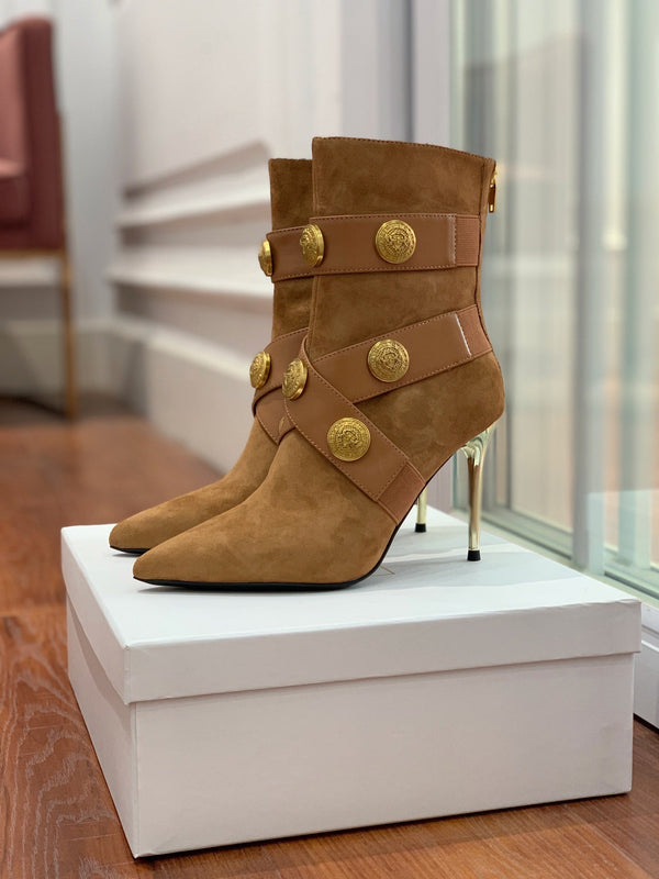 BM 26S Alma Ankle Boots 9.5cm Medallion Buttons Tan Suede Leather 111360