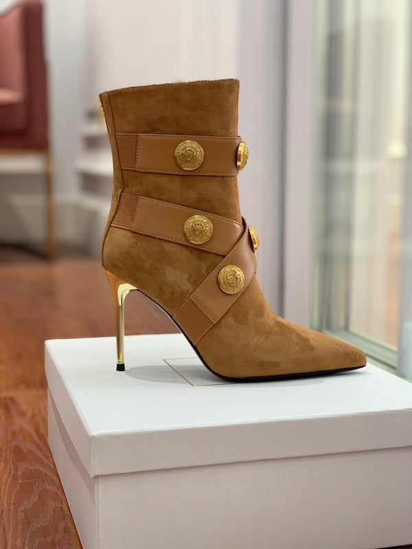 BM 26S Alma Ankle Boots 9.5cm Medallion Buttons Tan Suede Leather 111360