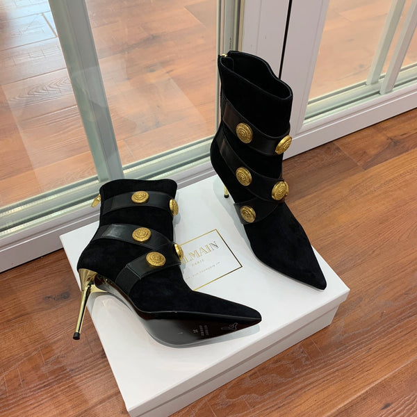 BM 26S Alma Ankle Boots 9.5cm Medallion Buttons Black Suede Leather 111359