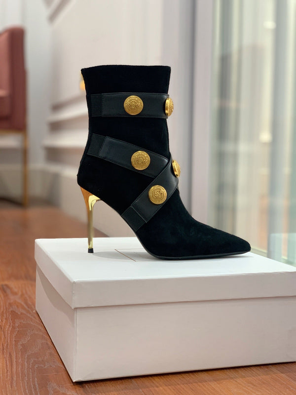 BM 26S Alma Ankle Boots 9.5cm Medallion Buttons Black Suede Leather 111359