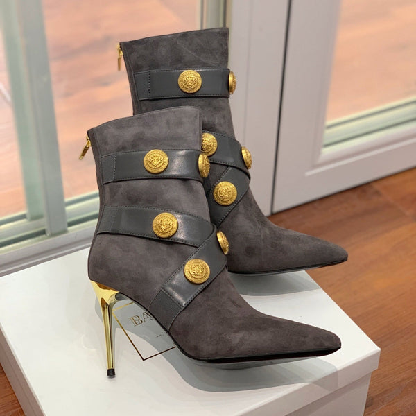 BM 26S Alma Ankle Boots 9.5cm Medallion Buttons Dark Grey Suede Leather 111358
