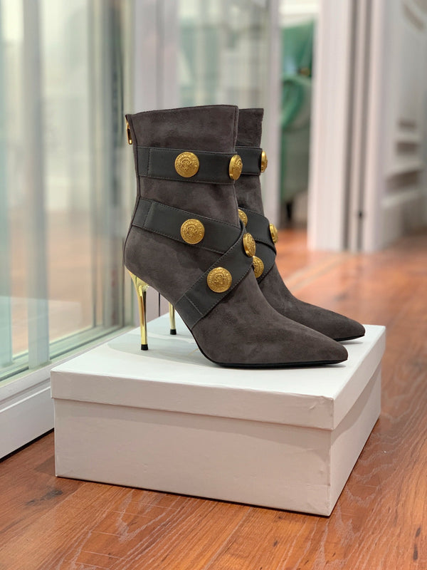 BM 26S Alma Ankle Boots 9.5cm Medallion Buttons Dark Grey Suede Leather 111358