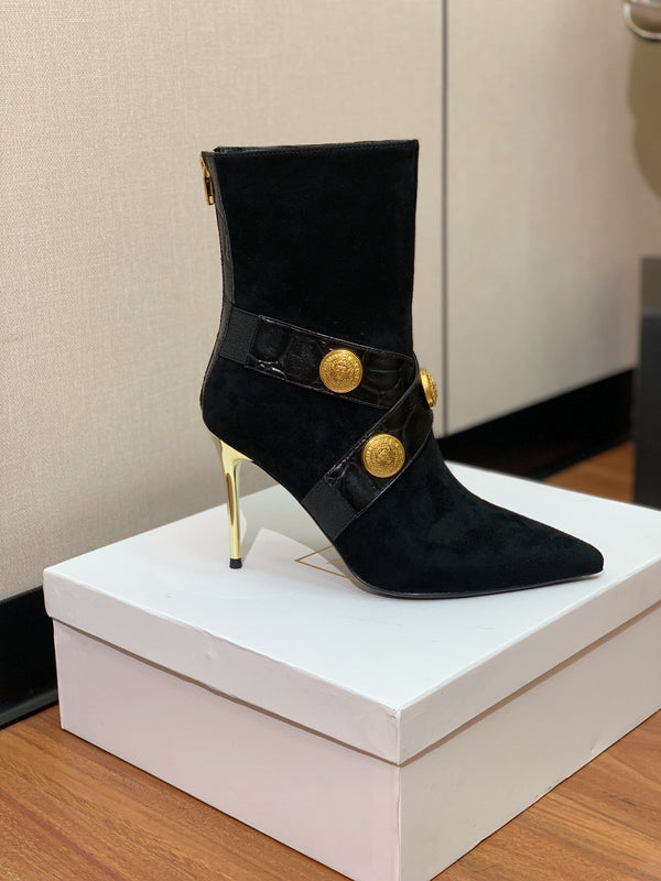BM 26S Pointed-Toe Boots 10.5cm Gold Logo Buttons Black Suede & Embossed Leather 111354