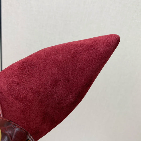 BM 26S Pointed-Toe Boots 10.5cm Gold Logo Buttons Burgundy Suede & Embossed Leather 111352