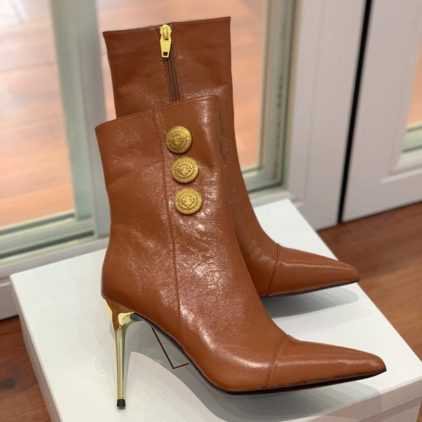 BM 26S Roni Ankle Boots 10.5cm Gold Buttons Brown Leather 111335