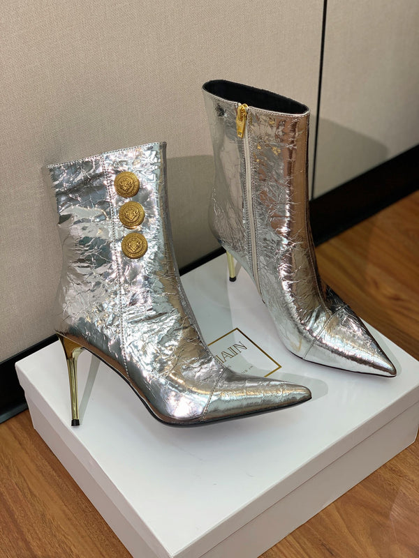 BM 26S Roni Ankle Boots 10.5cm Gold Buttons Silver Metallic Leather 111333