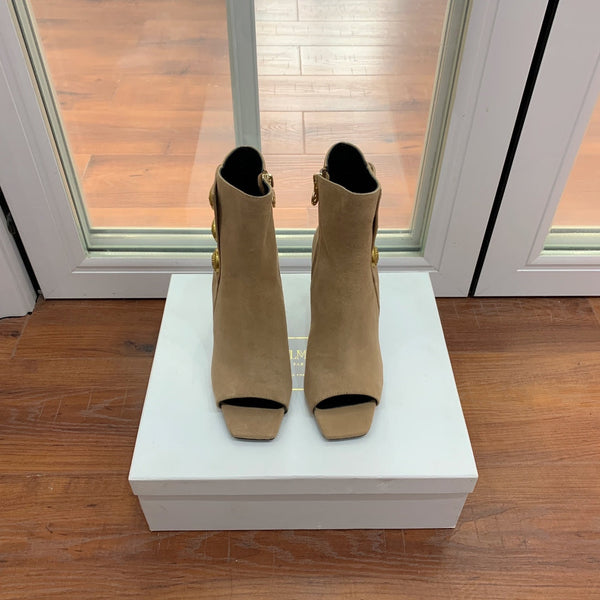 BM 26S Open-Toe Ankle Boots 9.5cm Gold Buttons Stiletto Khaki Suede 111325